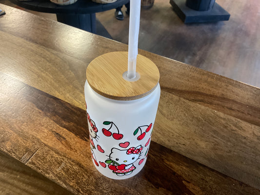 HELLO KITTY GLASS CAN W/UVDTF LID AND PLA STRAW