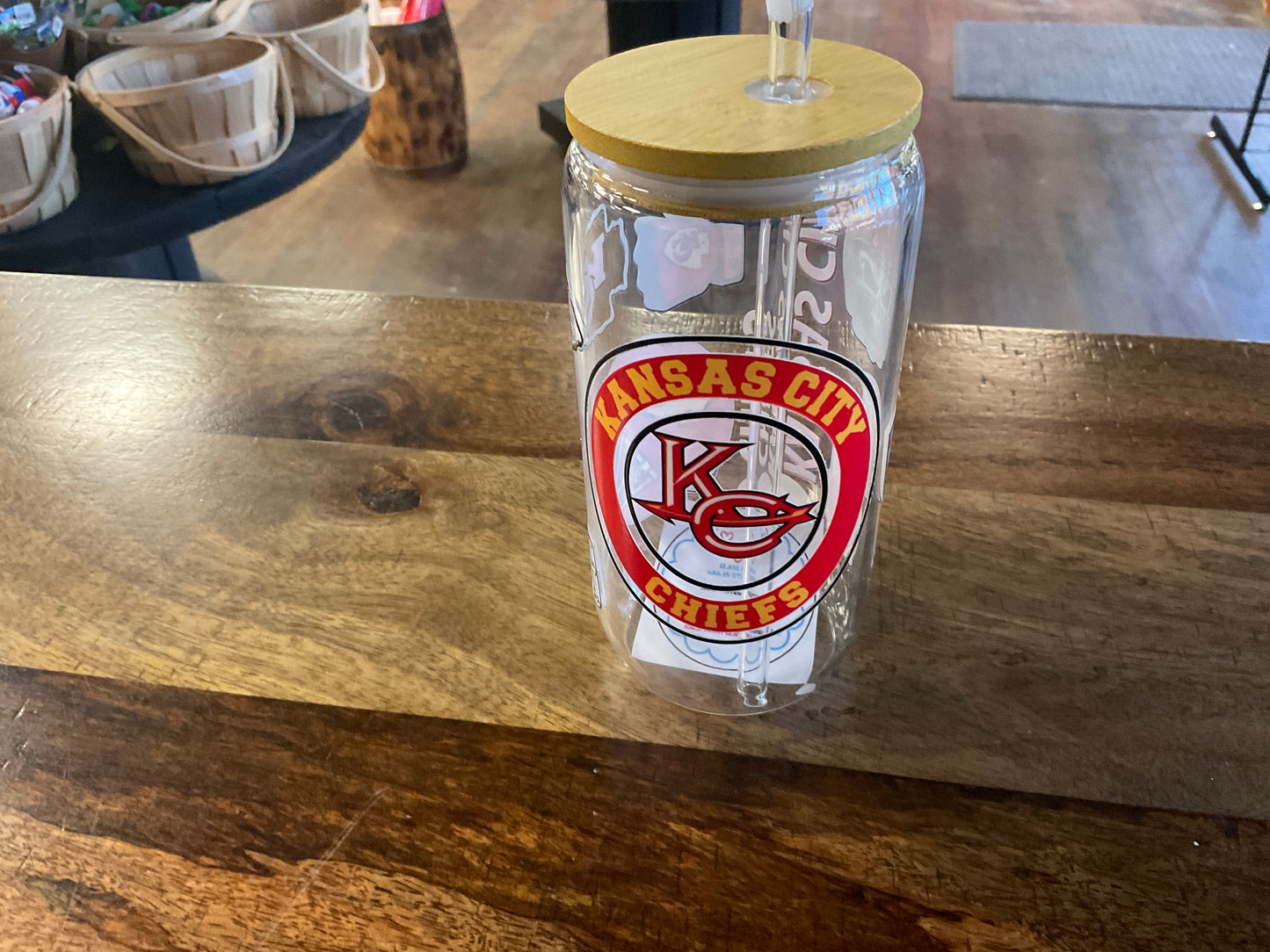 KC Chiefs glass can w/ UV dtf lid and glass straw