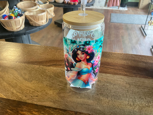 Jasmine glass can with uv dtf print, lid, and glass straw